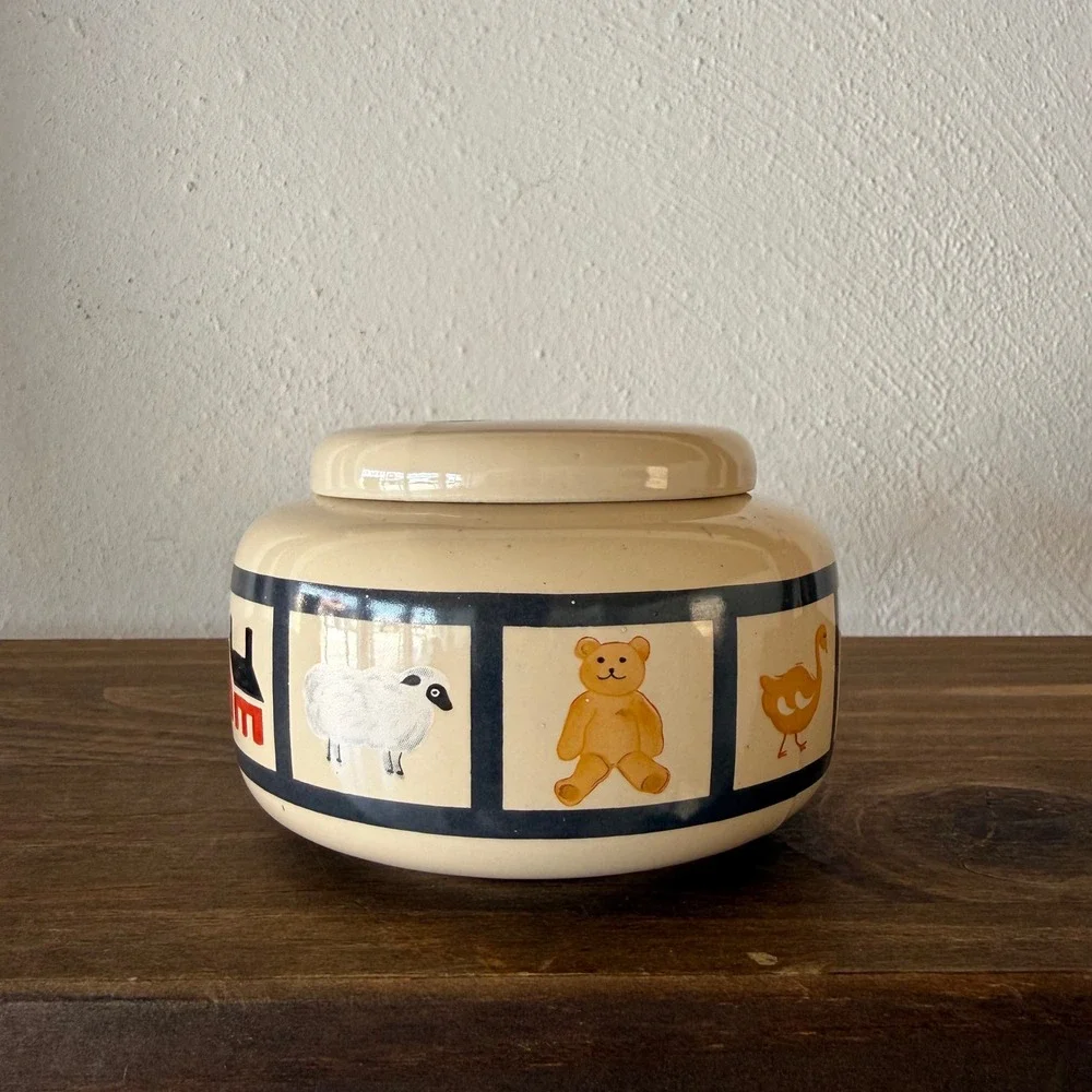 Vintage Folk Art Ceramic Potpourri Jar Vented Lid Country Rabbit Teddy Bear